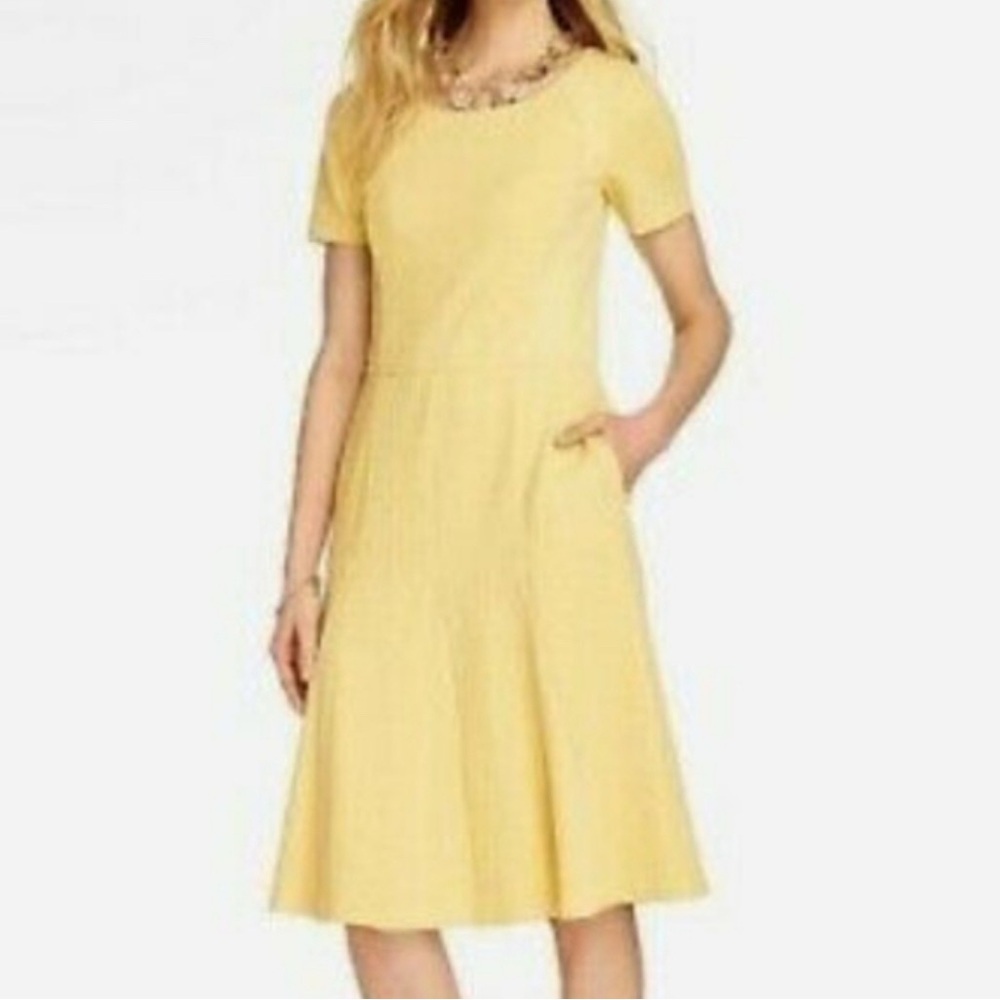 Talbots Petite 10P Yellow Short Sleeve Midi Dress - Quilted Retro Pleated Skirt